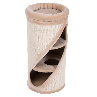 Cylinderformet kradsetønde i beige stof med tre åbninger og bløde liggeflader indvendigt. Yderside dækket af sisal til kradsning.