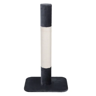 Cat tree with rectangular base, dark grey fabric and light sisal scratching surface. Simple design for claw care.