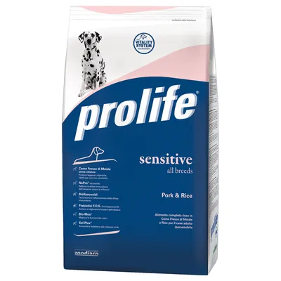 Prolife Sensitive All Breeds Pork & Rice. Vitality System with nucleotides, Bio-Mos, Sel-Plex and prebiotics F.O.S. for sensitive dogs. Complete food with fresh pork and rice.