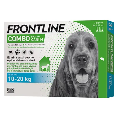 Frontline Combo Spot-On Cani M, soluzione con fipronil 10% e (S)-methoprene 9%, elimina pulci, zecche e pidocchi, per cani 10–20 kg, confezione da 3 pipette da 1,34 mL.