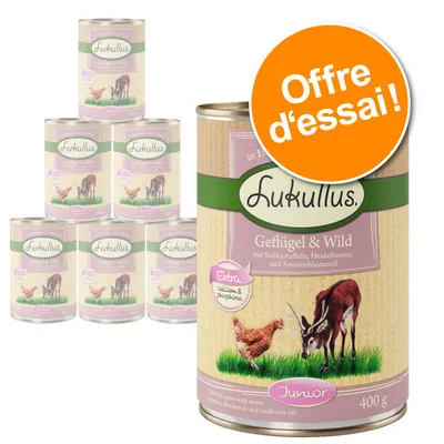 Lot de 6 boîtes Lukullus Geflügel & Wild Junior 400 g, offre d’essai. Texte visible : Extra calcium & phosphorus, mit Süßkartoffeln, Heidelbeeren und Sonnenblumenöl.