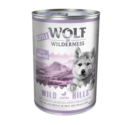Lata de comida para perros Little Wolf of Wilderness Wild Hills Junior, 100 % grain-free, pato y ternera con frutos del bosque, raíces y hierbas silvestres, 400 g.