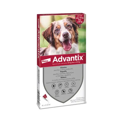 Advantix® Spot-on Antiparassitario per cani oltre 10 kg fino a 25 kg - 4 pipette (2,5 ml) Advantix® Spot-on Antiparassitario per cani oltre 10 kg fino a 25 kg - 4 pipette (2,5 ml)