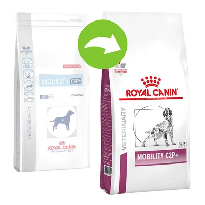 To poser Royal Canin Mobility C2P+ hundefoder, ældre og ny emballage vist med grøn pil mellem dem. Synlig tekst: ROYAL CANIN, MOBILITY C2P+, VETERINARY NUTRITION, S/O INDEX. To poser Royal Canin Mobility C2P+ hundefoder, ældre og ny emballage vist med grøn pil mellem dem. Synlig tekst: ROYAL CANIN, MOBILITY C2P+, VETERINARY NUTRITION, S/O INDEX.