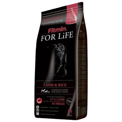 Fitmin FOR LiFE LAMB & RICE, пълноценна храна за кучета, 15 кг. 15 % агнешко месо и продукти, без царевица и пшеница, с екстракт от цикория и пребиотици. Видимо съдържание: 42,5 % месо.