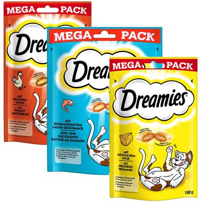 Dreamies Cat Treats Big Pack 180 g Blandpack: Ost, Kyckling, & Lax (6 x 180 g)