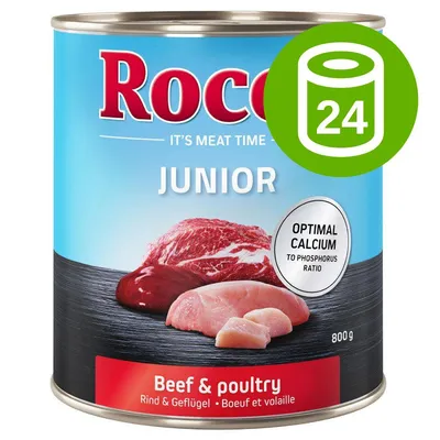 Rocco Junior Beef & poultry, 800 g, puszka z wołowiną i drobiem, napis Optimal calcium to phosphorus ratio, zestaw 24 sztuki