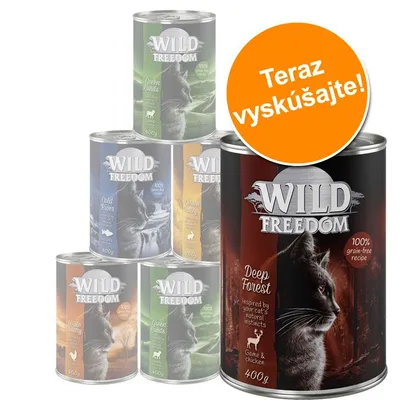 Konzervy Wild Freedom pre mačky, rôzne príchute: Deep Forest, Green Lands, Cold River, Golden Valley, Wilde Country. Text na oranžovom kruhu: Teraz vyskúšajte!