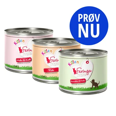 Tre dåser Feringa Kitten kattemad: Huhn & Kalb, Pute, Kaninchen & Huhn, hver 200 g. Blå cirkel med teksten 'PRØV NU' øverst til højre.