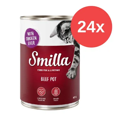 Smilla Beef Pot mit Hühnerleber, enthält Taurin, getreidefrei, 400g. Packung mit 24 Dosen.