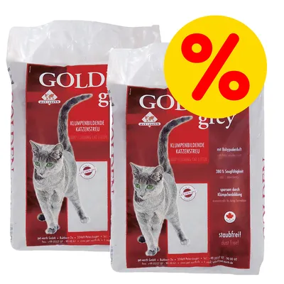 To sække Golden Grey klumpende kattegrus med teksten 'KLUMPENBILDENDE KATZENSTREU', 'staubfrei!', '380 % Saugfähigkeit' og stort gult procenttegn for tilbud. To sække Golden Grey klumpende kattegrus med teksten 'KLUMPENBILDENDE KATZENSTREU', 'staubfrei!', '380 % Saugfähigkeit' og stort gult procenttegn for tilbud.