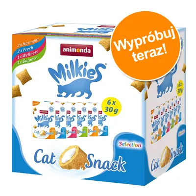 animonda Milkies Cat Snack Selection, 6 x 30 g. Zestaw zawiera: 2x Harmony, 2x Fresh, 1x Wellness, 1x Balance. Napis na pomarańczowym kole: Wypróbuj teraz!