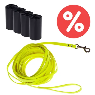 Gelbe Hundeleine mit Metallkarabiner und vier Rollen schwarze Kotbeutel. Rotes Prozent-Symbol für Rabattaktion.