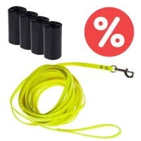Sparset Heim Biothane® Suchleine - neon-gelb + Hundekotbeutel schwarz - 8 Rollen à 20 Beutel + Leine (10m)