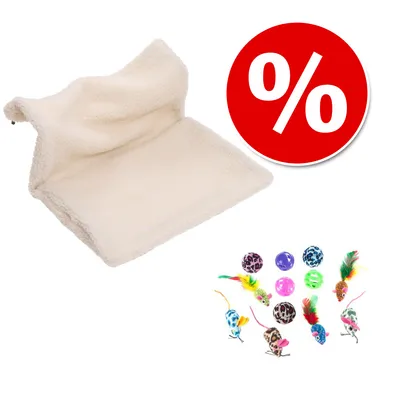 Set met beige kattenhangmat van stof en diverse kleurrijke kattenspeeltjes, waaronder balletjes en muizen. Rood kortingssymbool met wit procentteken zichtbaar.