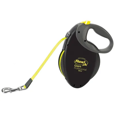 Smycz automatyczna Flexi Giant Professional 10 m, czarna z żółtą taśmą, widoczne logo i napis: Flexi Giant Professional 10 m. Uchwyt z tworzywa sztucznego, metalowy karabińczyk.