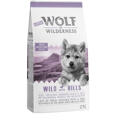 Little Wolf of Wilderness Wild Hills Junior, 100 % spannmålsfritt recept, mycket färsk kyckling och anka med skogsbär, rötter och vilda örter, 12 kg.