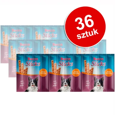 Rocco Sticks with Poultry, opakowanie z wizerunkiem psa. Widoczna informacja: 36 sztuk.