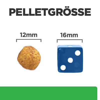 Velikost pelet: primerjava 12 mm peleta s kocko velikosti 16 mm.