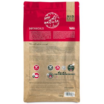 Bagside af bunny all nature Botanicals MID MIX, 130 g. Viser fodringsvejledning med vægtangivelser, piktogrammer og tekst på engelsk og tysk om brug som snack eller fuldfoder. Made in Germany.