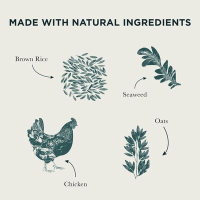 Made with natural ingredients: brown rice, seaweed, oats, and chicken. English text and illustrations of the ingredients are shown.