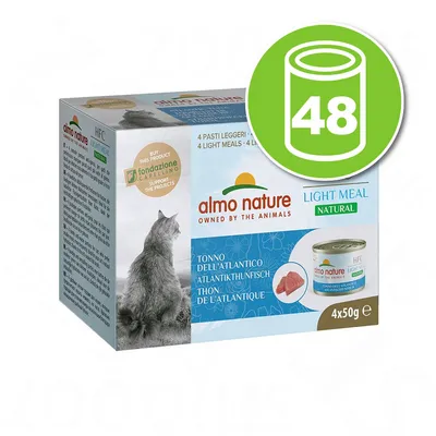 almo nature Light Meal Natural thon de l’Atlantique, boîte 4x50g, lot de 48. Texte visible : fondazione Capellino, owned by the animals.