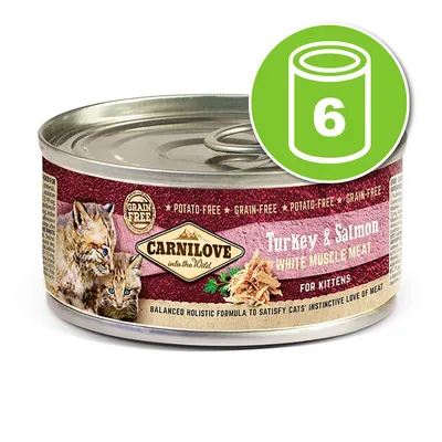 Консерва Carnilove Turkey & Salmon White Muscle Meat for Kittens, надпис Grain Free, изображение на котки, пакет от 6 броя