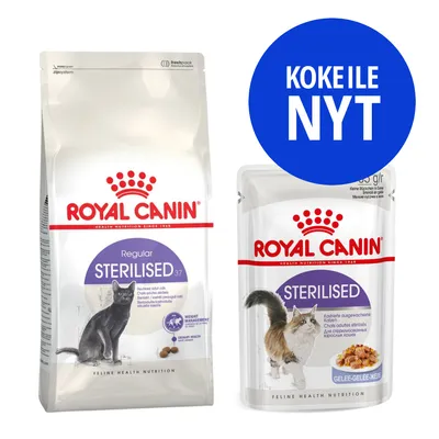 Royal Canin Sterilised -kuivaruoka ja märkäruokapakkaus kissoille. Sininen ympyrä, jossa teksti: KOKEILE NYT.