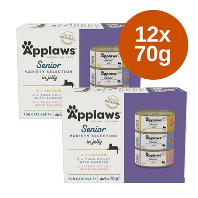 Applaws Senior Variety Selection in jelly macskakonzerv, 12×70 g, csomagoláson: 2×csirke, 2×tonhal szardíniával, 2×tonhal lazaccal, 7 év feletti macskáknak