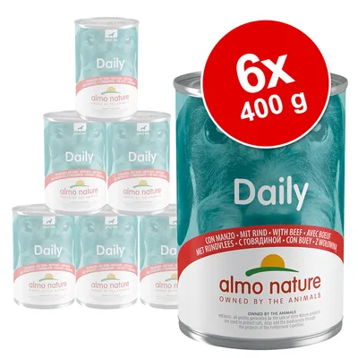Set 6 conserve a câte 400 g fiecare, almo nature Daily pentru câini adulți, cu vită. Text vizibil: 'almo nature OWNED BY THE ANIMALS', 'Daily', 'con manzo'. Set 6 conserve a câte 400 g fiecare, almo nature Daily pentru câini adulți, cu vită. Text vizibil: 'almo nature OWNED BY THE ANIMALS', 'Daily', 'con manzo'.