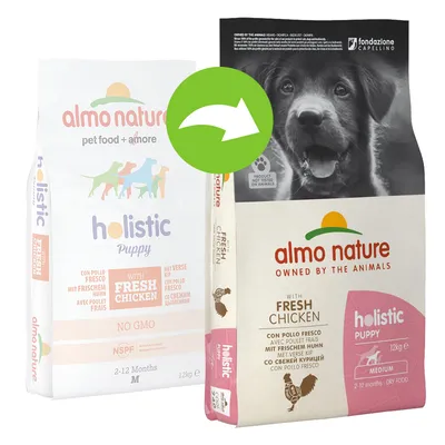 Almo Nature Holistic Puppy s čerstvým kuracím, 12 kg, pre šteňatá od 2 do 12 mesiacov. Bez genetickej úpravy. Produkt bez testovania na zvieratách. Almo Nature Holistic Puppy s čerstvým kuracím, 12 kg, pre šteňatá od 2 do 12 mesiacov. Bez genetickej úpravy. Produkt bez testovania na zvieratách.