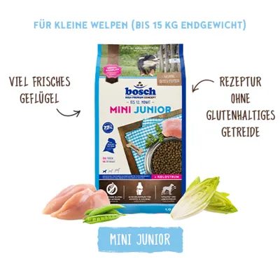 bosch Mini Junior Trockenfutter für kleine Welpen bis 15 kg Endgewicht, viel frisches Geflügel, Rezeptur ohne glutenhaltiges Getreide, mit Kolostrum.