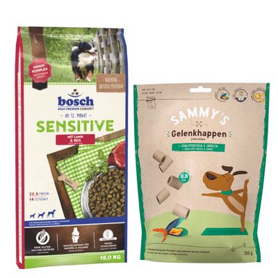 Kombi-Paket: 15 kg bosch HPC Trockenfutter + 3 x 350 g Sammy's Gelenkhappen Sensitive Lamm & Reis 15 kg + Sammy's Gelenkhappen 3 x 350 g