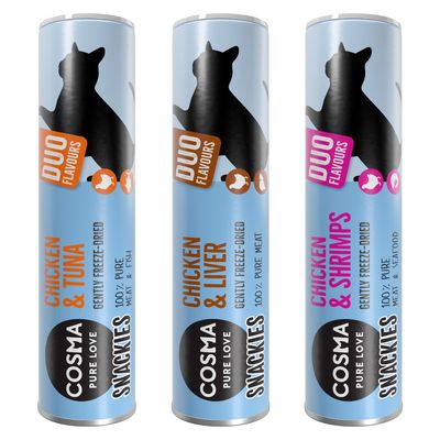 Cosma Snackies Duo Flavours: Chicken & Liver, Chicken & Shrimps, Chicken & Tuna. Gefriergetrocknet, 100% reines Fleisch und Fisch. Jetzt testen!