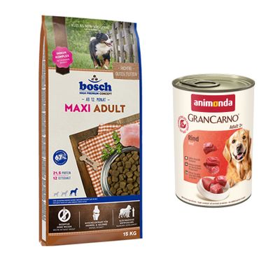 Сухой корм для собак Bosch Adult с лососем и картофелем, 21,5 % протеин, 10,5 % жира; 6 банок консервов Animonda GranCarno Rind pur; значок скидки %