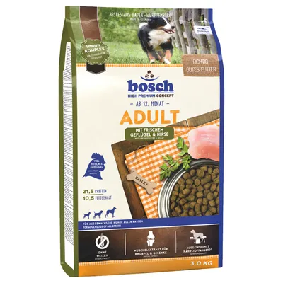 bosch High Premium Concept Adult ab 12. Monat, mit frischem Geflügel & Hirse, 21,5 % protéines, 10,5 % matières grasses, pour chiens adultes, sac de 3 kg visible.