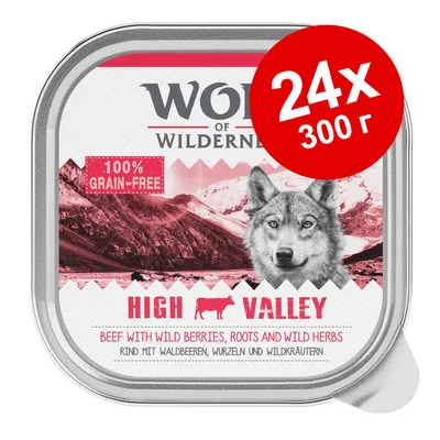 Упаковка корма Wolf of Wilderness High Valley, 24×300 г, 100% grain-free. Надписи: Beef with wild berries, roots and wild herbs; Rind mit Waldbeeren, Wurzeln und Wildkräutern.
