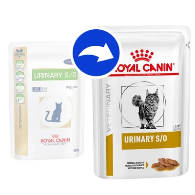 Zmiana opakowania karmy dla kotów Royal Canin Urinary S/O, widoczne dwa różne opakowania z nazwą produktu i grafiką kota, strzałka wskazująca nowe opakowanie.