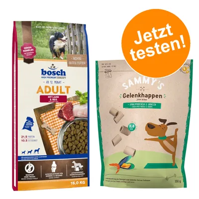 Bosch Adult mit Lamm & Reis, 15kg. Sammy's Gelenkhappen mit Grünlippmuschel & Garnelen, 350g. Jetzt testen!
