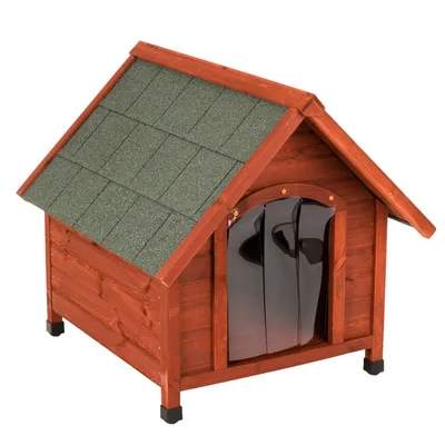 Caseta de madera para perro con techo a dos aguas verde y puerta abatible de plástico negro. Estructura elevada sobre patas negras.