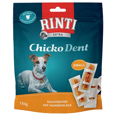 Rinti Extra Chicko Dent Small, 150 g. Anti Belag Mineral Komplex. Kaustreifen mit Huhneinlage. Billede af hund og tyggepinde på emballagen.