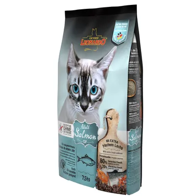 Leonardo Cat Food Adult Salmon GF, rețetă fără cereale, cu somon proaspăt suplimentar, sursă de proteine: 80% proteine animale, 20% proteine vegetale, potrivit pentru pisici adulte de la un an.