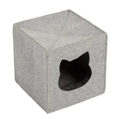 Cubo in feltro grigio con ingresso a forma di testa di gatto e interno imbottito.
