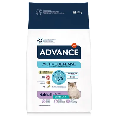 Advance Active Defense krmivo pro kočky, Hairball pro kastrované, 2–10 let. S krůtou, prebiotiky, vlákninou. Kontrola hmotnosti, péče o kůži a srst. Balení 10 kg.