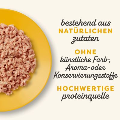 Bestehend aus natürlichen Zutaten, ohne künstliche Farb-, Aroma- oder Konservierungsstoffe. Hochwertige Proteinquelle.