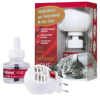 Felisept HOME COMFORT verdamper en navulling 45 ml, verpakking met kat en Duitse tekst: Wohlbefinden und Entspannung für Ihre Katze, bevat kalmerende geurstoffen, wetenschappelijk bevestigd.