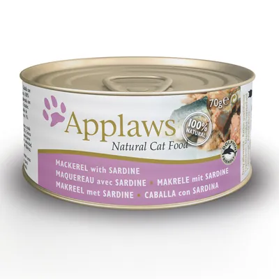 Applaws Natural Cat Food 70 g, Mackerel with Sardine, 100% Natural, Dolphin Friendly. Tekstit englanniksi, ranskaksi, saksaksi, hollanniksi ja espanjaksi näkyvissä purkin etiketissä.