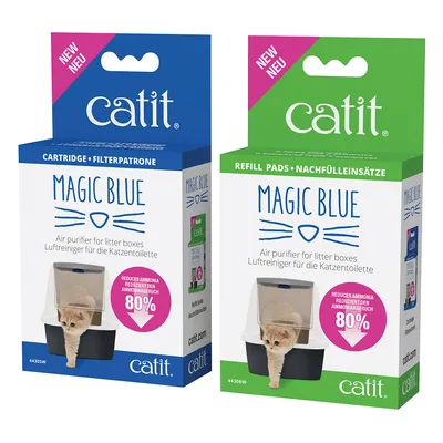 Două cutii Catit Magic Blue, purificator de aer pentru litiere, text vizibil: „Reduces ammonia 80%”, imagine cu pisică la litieră. Variante Cartridge și Refill Pads.