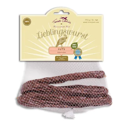 Terra Canis Lieblingswurst Pute, luchtgedroogd, 100% Natur, 190 g (8 stuks), hondenworst in netverpakking. Zichtbaar keurmerk en website www.terracanis.com op verpakking.