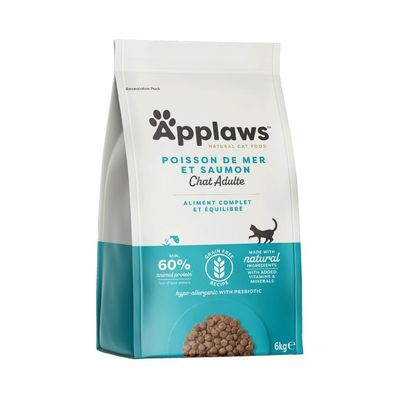 Applaws Ocean Fish with Salmon Adult Cat, croquettes pour chat adulte, 60 % protéines animales minimum, sans céréales, ingrédients naturels, 350 g. Texte en anglais sur l'emballage.